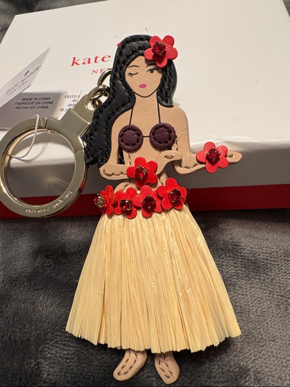 kate spade Hula Girl Raffia Key & Card Holder in Beige, Red, Black - Picture 2 of 4